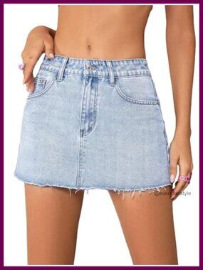 Women's Mini Denim Skirt Mid Rise Raw Hem Stretch Jeans